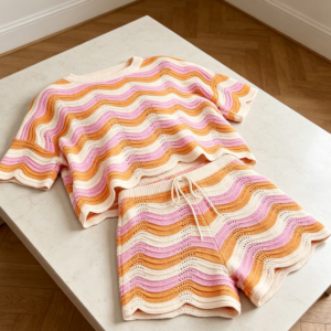 Striped Crochet Cover-Up Top & Tied Shorts