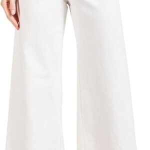 Womens High Waisted Cropped Wide Leg Stretchy Straight Pants Trousers with Pockets