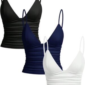 Women's 3 Pack V Neck Ruched Cami Crop Tops Spaghetti Strap Slim Fitted Camisole