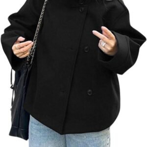 Women Crop Pea Coat Wool Blend Winter Loose Casual Short Jacket Outwear