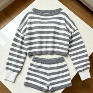 Striped Long Sleeve Knit Sweater & Shorts Set
