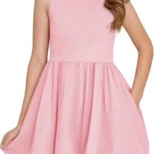 Girls Summer Sleeveless Bubble Dress Kids Cute Crew Neck Tank Mini Dresses with Pockets 5-14 Years