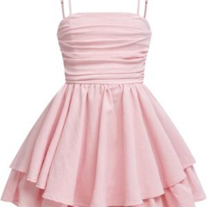 Girl's Flowy Cami Dress Ruched Sleeveless Pink Layered Ruffle Kawaii Short Smocked Summer Dresses