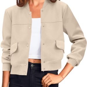 Womens Cropped Bomber Jackets Casual Button Down Long Sleeve Stand Collar Varsity Shacket Coats