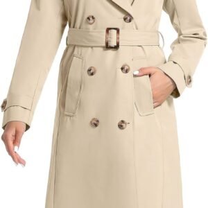 Women's Waterproof Long Trench Coat Double Breasted Length Classic Lapel Belt Coat With Removable Hood