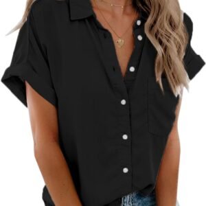V Neck Collared Button Down Pocket Shirt Top