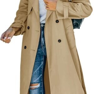 Women's Double Breasted Long Trench Coat Windproof Classic Lapel Slim Overcoat with Belt