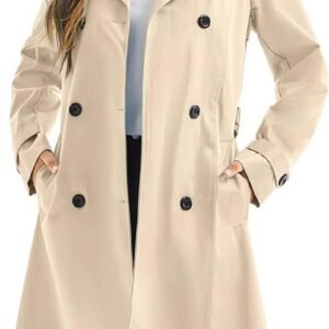 Women's Waterproof Trench Coat Long Double Breasted Windbreaker Classic Belted Lapel Overcoat with Removable Hood