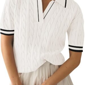 Lapel V Neck Cable Knit Short Sleeve Polo Sweater