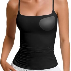 Womens Padded Cami Tank Tops Double Lined Spaghetti Strap Built in Bra Shirts Slim Fitted Basic Camisole Top