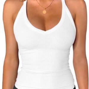 Womens Spaghetti Strap V-Neck Ribbed Tank Tops for Women 2026 Slim Fitted Soft Camisole Basic Layering Shirts