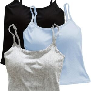 Women's 3 Pack Cami Crop Top Built in Bra Spaghetti Strap Tank Camisole Tops