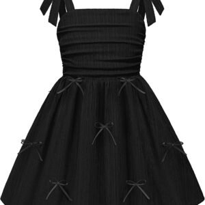 Girls Dresses Ruched Smocked Back Spaghetti Strap Bow Summer Boho Beach Party Sundress
