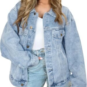 Women's Oversized Jeans Jacket, Classic Button Down Denim Jacket with Chest Pockets, Loose Fit Boyfriend Style Coat