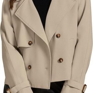 Cropped Trench Coat for Women Long Sleeve Double Breasted Notched Lapel Casual Loose Fit Jackets with Pockets