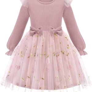 Toddler Girls Tulle Dresses with Bow Tie Fall Winter Long Sleeve Formal Party Dress 1-7 Y