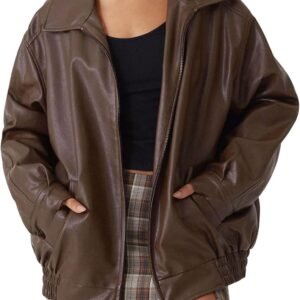 Women's Oversized Faux Leather Jacket - Fall Motorcycle Style Coat with Zipper Closure