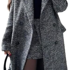 Herringbone Notch Collar Double-Breasted Wool Trench Coat