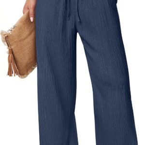 Women's Wide Leg Beach Pants Elastic Waist Lightweight Casual Flowy Palazzo Lounge Trousers with Pockets