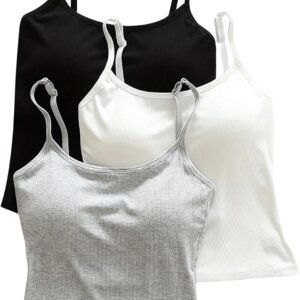 Women's 3 Pack Cami Crop Top Built in Bra Spaghetti Strap Tank Camisole Tops
