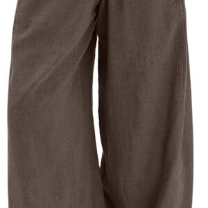 Women's Wide Leg Linen Pants Summer Boho Casual Elastic Waist Long Lounge Travel Pants Trousers with Pockets