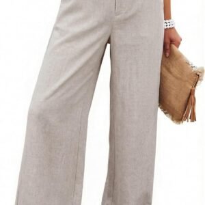 Womens Cotton Linen Pants Casual Button Up High Waisted Wide Leg Trousers