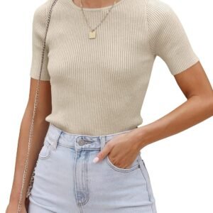 Ribbed Knit Short Sleeve Crewneck Slim Fit Tee