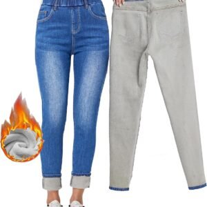 Pull On High Waist Elastic Fleece Lined Winter Jeans