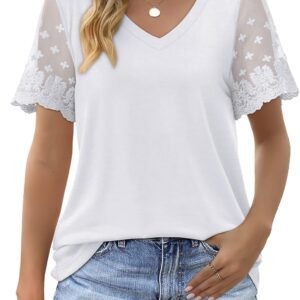 Lace V Neck Short Sleeve Curved Hem Top